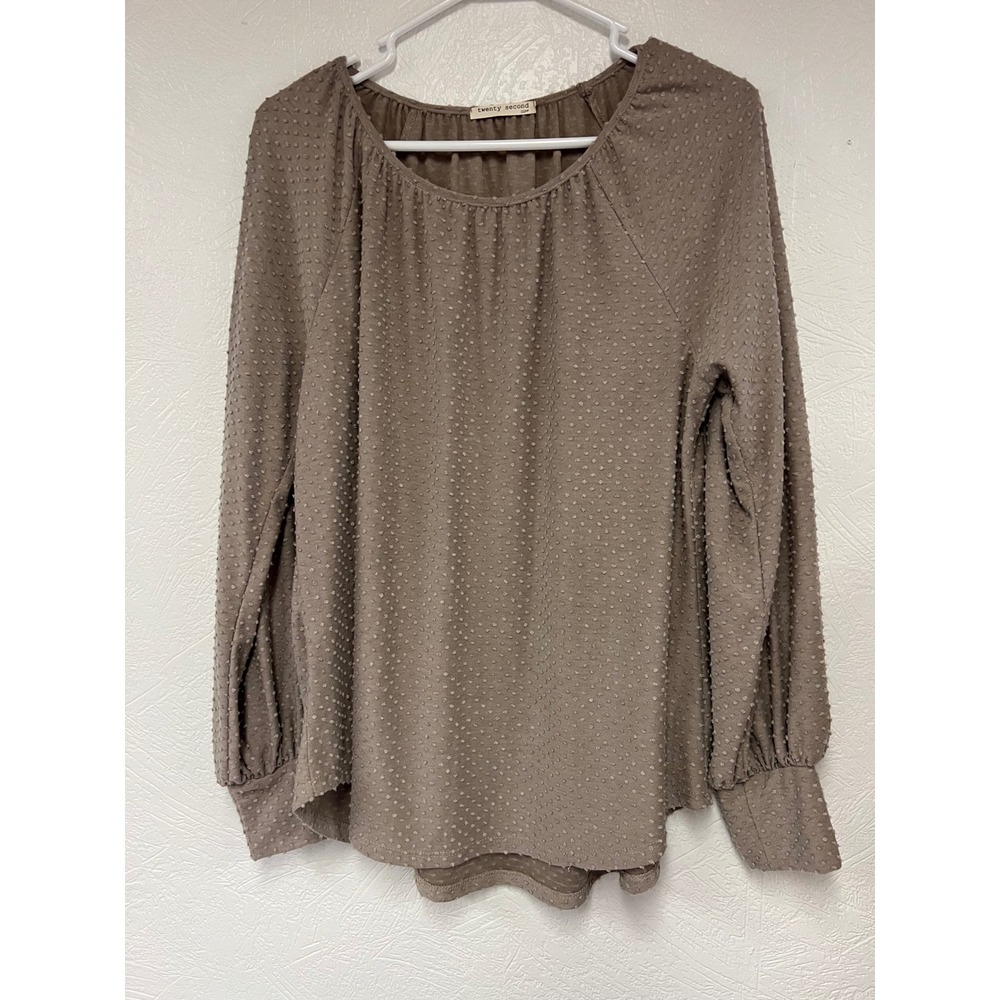 Twenty Second Textured Dot Long Sleeve Blouse Casual Top Taupe Large